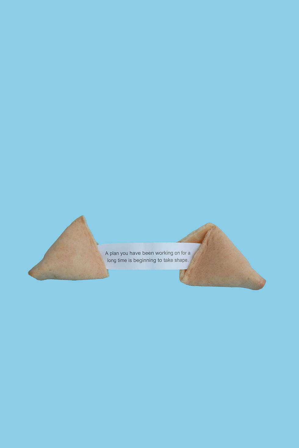 Fortune cookie split open, revealing a message: "A plan you have been working on for a long time is beginning to take shape," against a light blue background.