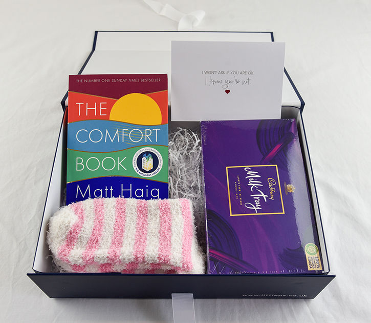 Thumbnail: open care package showing book, socks, chocolates, gift card