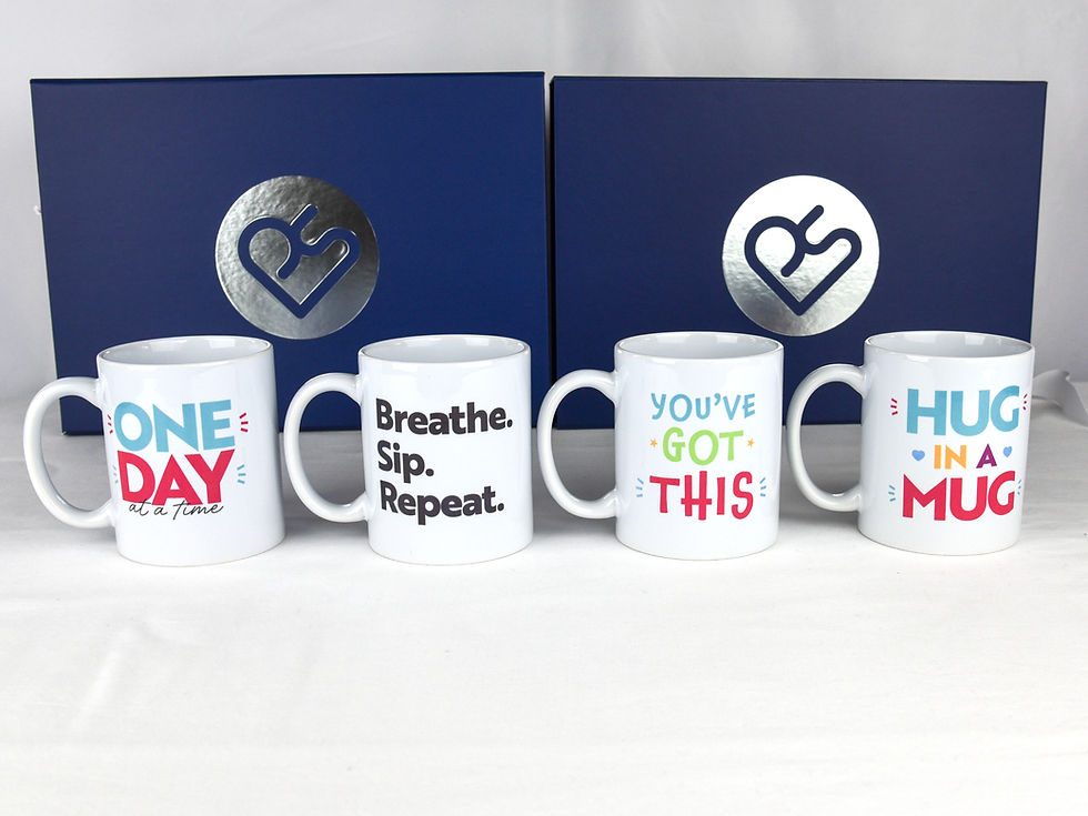 Thumbnail: Choice of four sympathy mugs that can be personalised, one day at a time, you've got this, hug in a mug, breathe. sip. repea.