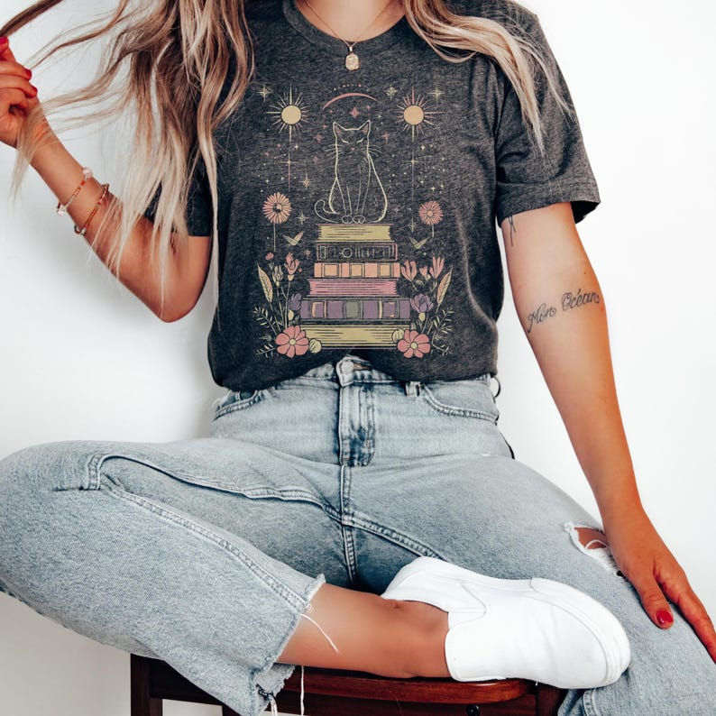 Mystical Cat Shirt Witchy Moon and Stars Tee, Celestial Floral Book Lover T-Shi