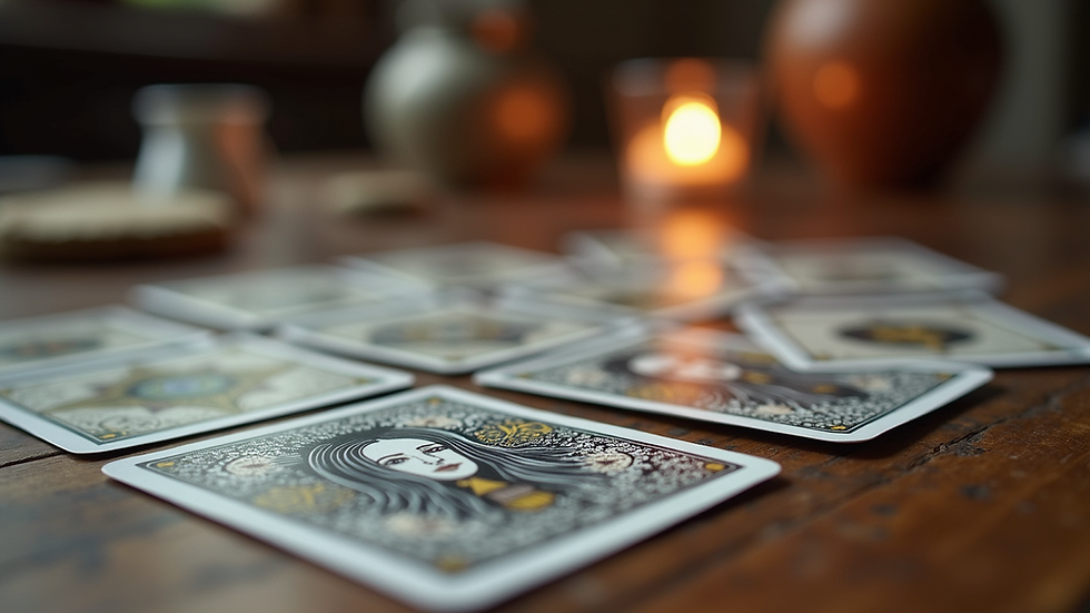 Close-up view of a tarot deck spread on a wooden table