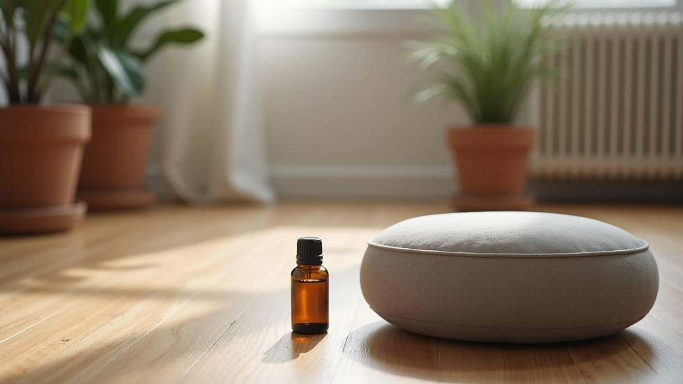 Eye-level view of a meditation cushion and essential oil diffuser on a wooden floor