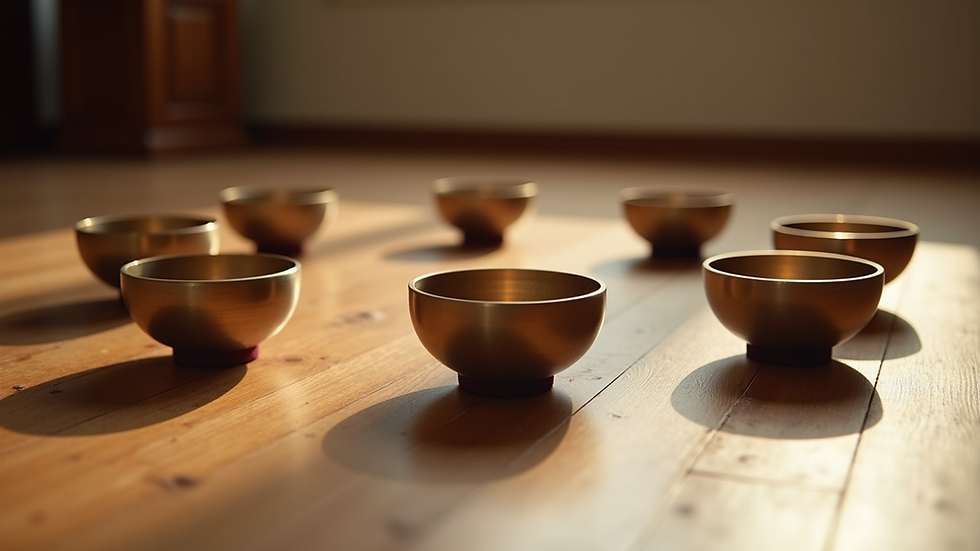 Eye-level view of a crystal singing bowl set arranged in a circle on a wooden floor