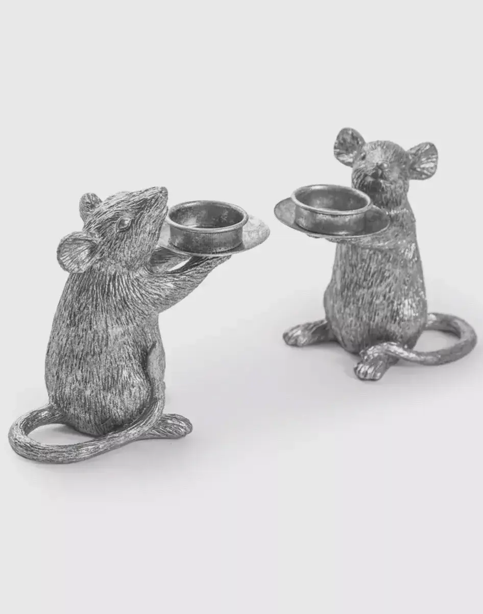 Pair of Silver/Grey Resin Mouse Tealight Votive Candle Holders