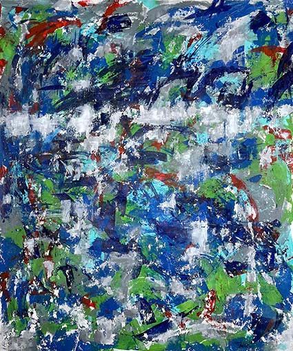 Art Contemporain, peinture grand format de l'artiste plasticienne Emmanuelle Rulland sur le thème de la nature. Fait partie de la série "Retour à l'état sauvage", Titre "La lumière du soir transperce le feuillage", acrylique sur toile tons verts et bleus. Annecy