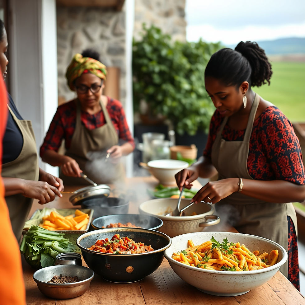 People preparing colourful South African dishes during an outdoor cooking class in Ireland, showcasing shared flavours and hands‑on culinary experiences.