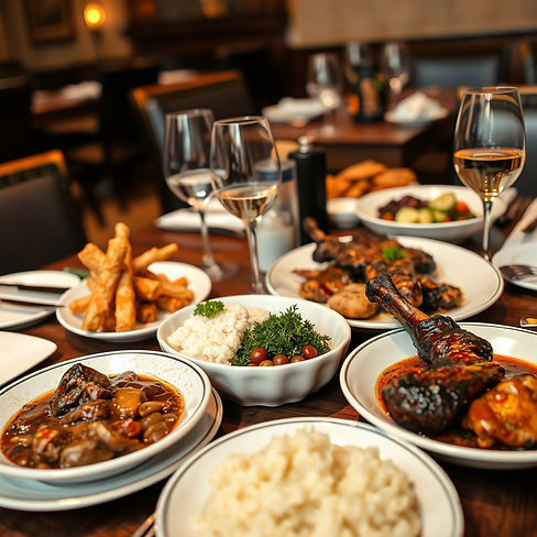 south African food luxury looking image including beef stew and pap in the restaurant tabl