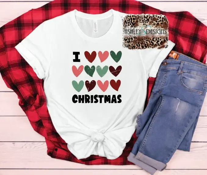 Thumbnail: I Heart Christmas Sweatshirt, Colorful Hearts Christmas T-shirt, Christmas shirt