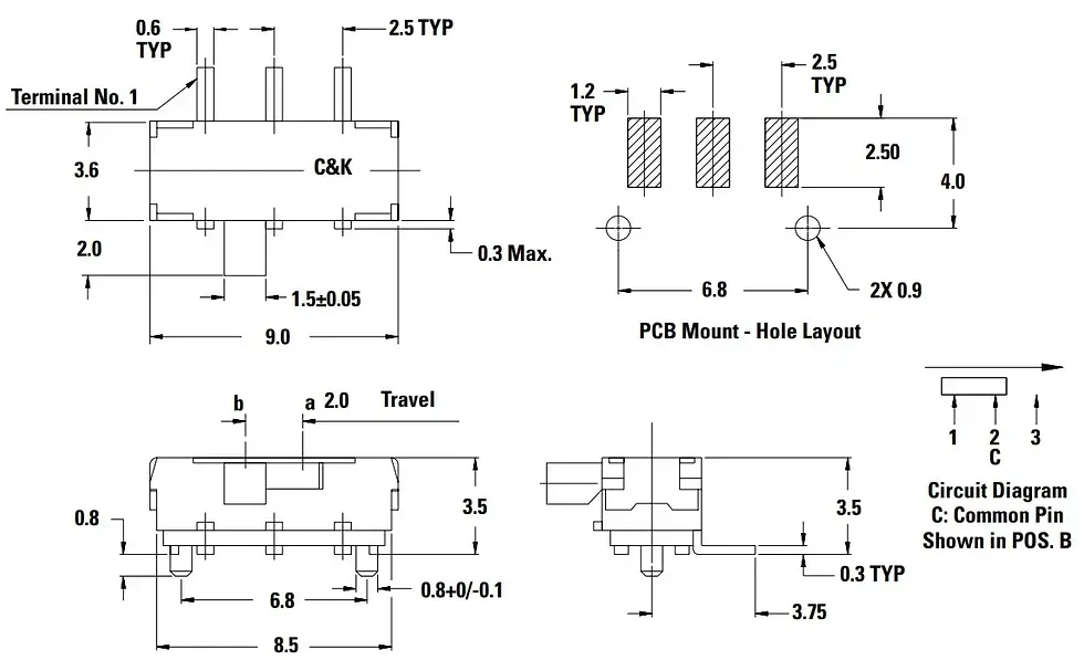 Thumbnail: C&K Slide Switch SPDT On-On Surface Mount Right Angle Gull Wing 300mA 6V