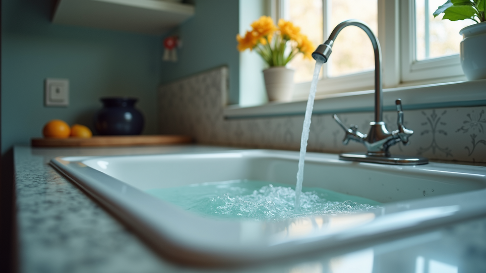 Eye-level view of a kitchen sink with soap and running water
