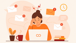 Illustration minimaliste aux couleurs de Mailoop représentant une femme stressée devant son ordinateur portable, entourée de notifications d’e-mails et d’icônes de messages. L’image illustre la surcharge informationnelle et le stress lié aux e-mails en entreprise, avec une palette de tons orange, beige et rouge inspirée de l’identité visuelle Mailoop.