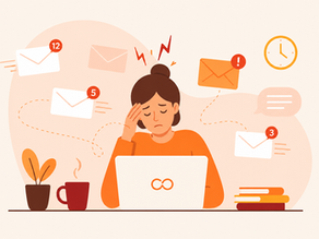 Illustration minimaliste aux couleurs de Mailoop représentant une femme stressée devant son ordinateur portable, entourée de notifications d’e-mails et d’icônes de messages. L’image illustre la surcharge informationnelle et le stress lié aux e-mails en entreprise, avec une palette de tons orange, beige et rouge inspirée de l’identité visuelle Mailoop.