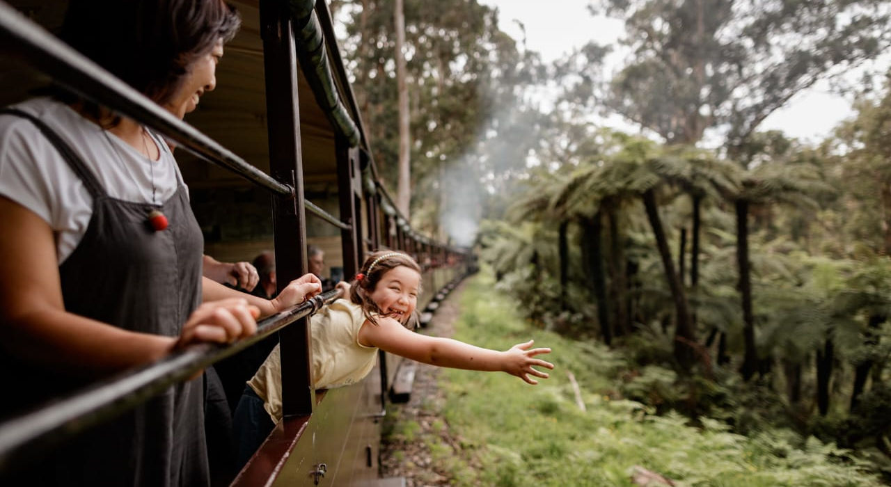 “Tourists leaning out of train car to enjoy rainforest scenery.”