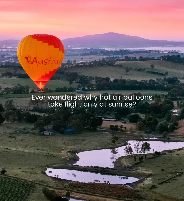 Golden sunrise over rural landscape seen from hot air balloon flight.