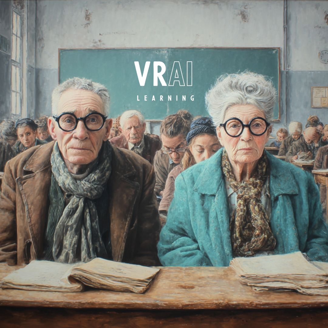 Un homme senior en entreprise utilise un casque VR pour interagir avec un avatar conversationnel intelligent. Scène d'apprentissage immersif montrant la technologie au service de l'inclusion.