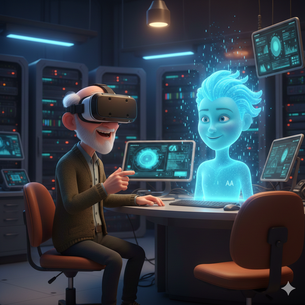 Formation immersive pour seniors : apprentissage avec casque de réalité virtuelle et avatar conversationnel IA.