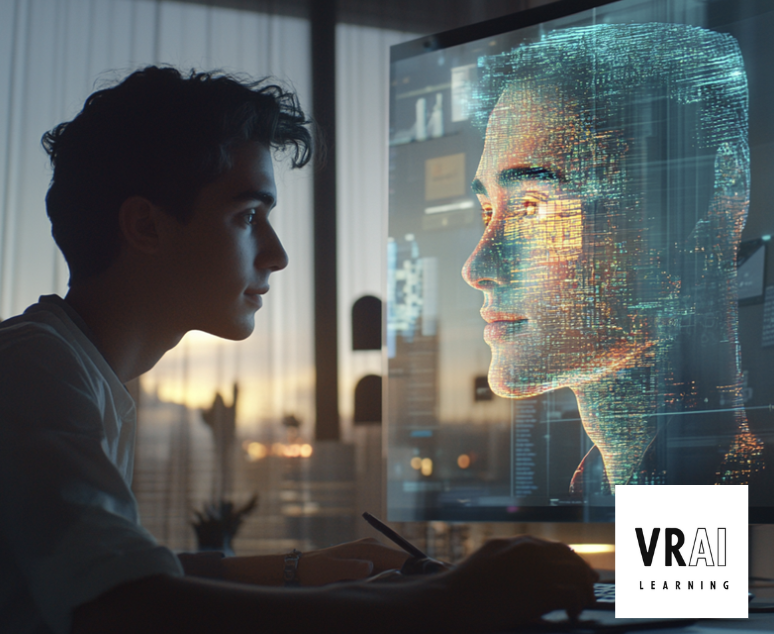 Scène d’apprentissage immersif en réalité virtuelle avec un avatar IA, représentant la personnalisation et l’humanisation de la formation.