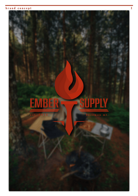 Red torch logo over outdoor camping scene.