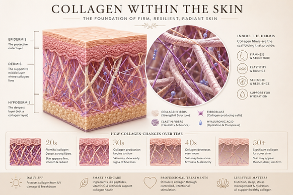 Elegant educational infographic showing a detailed cross-section of the skin and collagen fibers within the dermis. The illustration explains how collagen supports firmness, elasticity, hydration, and resilience, while visually demonstrating how collagen naturally declines from the 20s through the 50s and beyond. Soft neutral tones with blush, mauve, and golden accents create a refined medical-spa aesthetic aligned with skin health and collagen education.