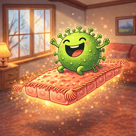 Cartoon illustration of a smiling green virus riding on a floating epithelial cell shaped like a magic carpet inside a cozy home, symbolizing how viruses travel through indoor air.