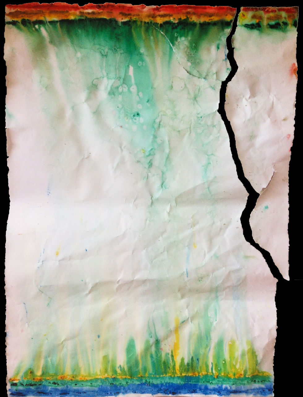 Large vertical watercolor painting with flowing lines and colors meeting from top and bottom, torn at the top corner, reflecting seismic forces, fault lines, and the artist’s meditation on disaster and resilience.