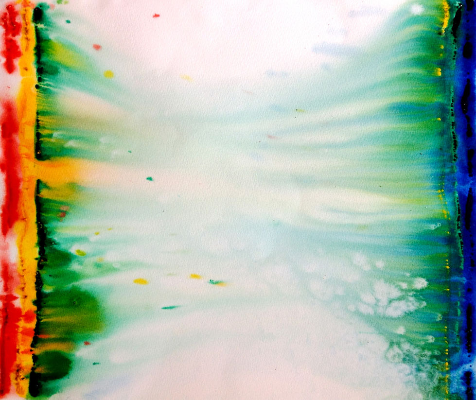 Horizontal watercolor painting where pigments meet from both sides, blending blue, yellow, green, and red, evoking the meeting of the Pacific between Japan and the United States.