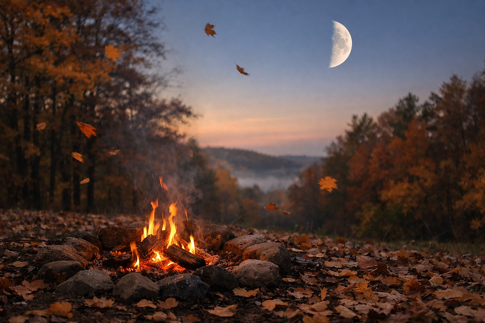 Autumn scene with a small fire and falling leaves under a waning half moon