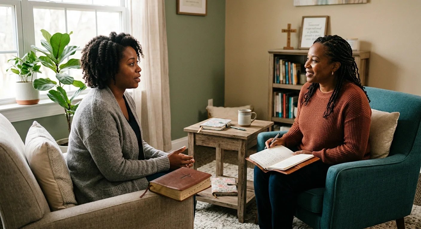 African American woman in a supportive faith-based counseling session