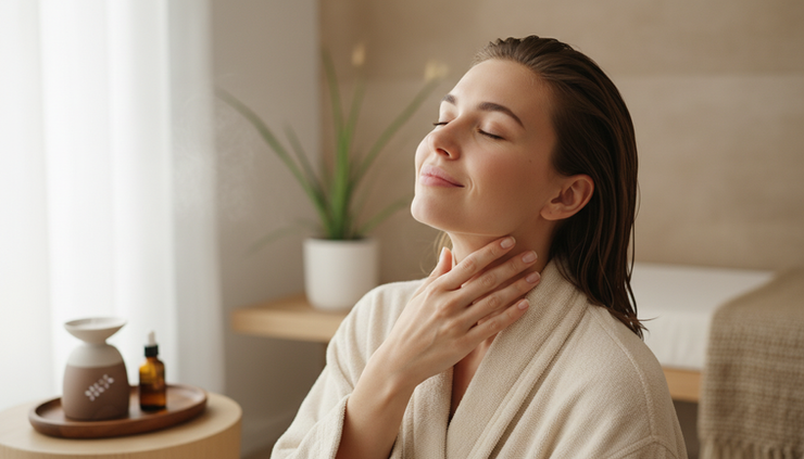 Eye-level view of a person gently massaging the side of the neck near the collarbone.