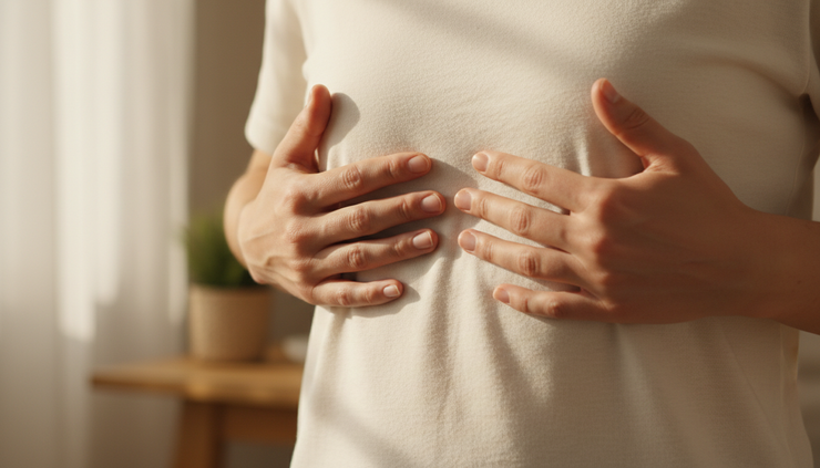 Close-up view of hands resting on the lower ribs during a slow exhale.