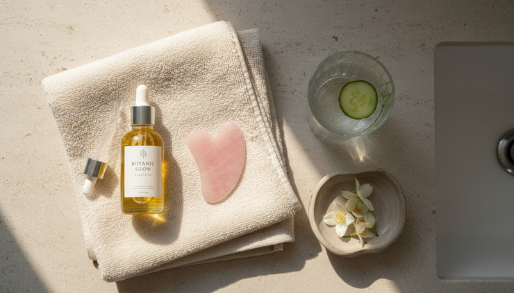 Overhead view of facial oil, towel, gua sha stone, and a glass of water on a bathroom counter.