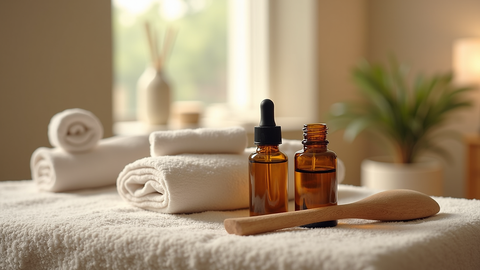 Close-up view of a serene home spa setup with essential oils and massage tools