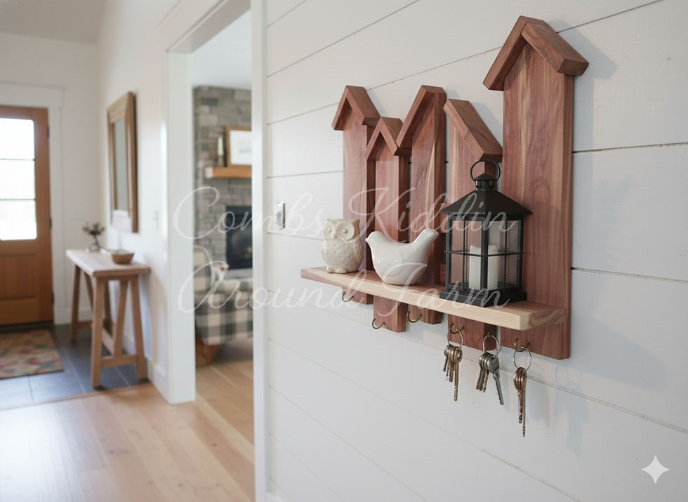 Thumbnail: Large Wooden birdhouse keyholder in cedar with hooks, farmhouse wall decor organization piece staged in entryway