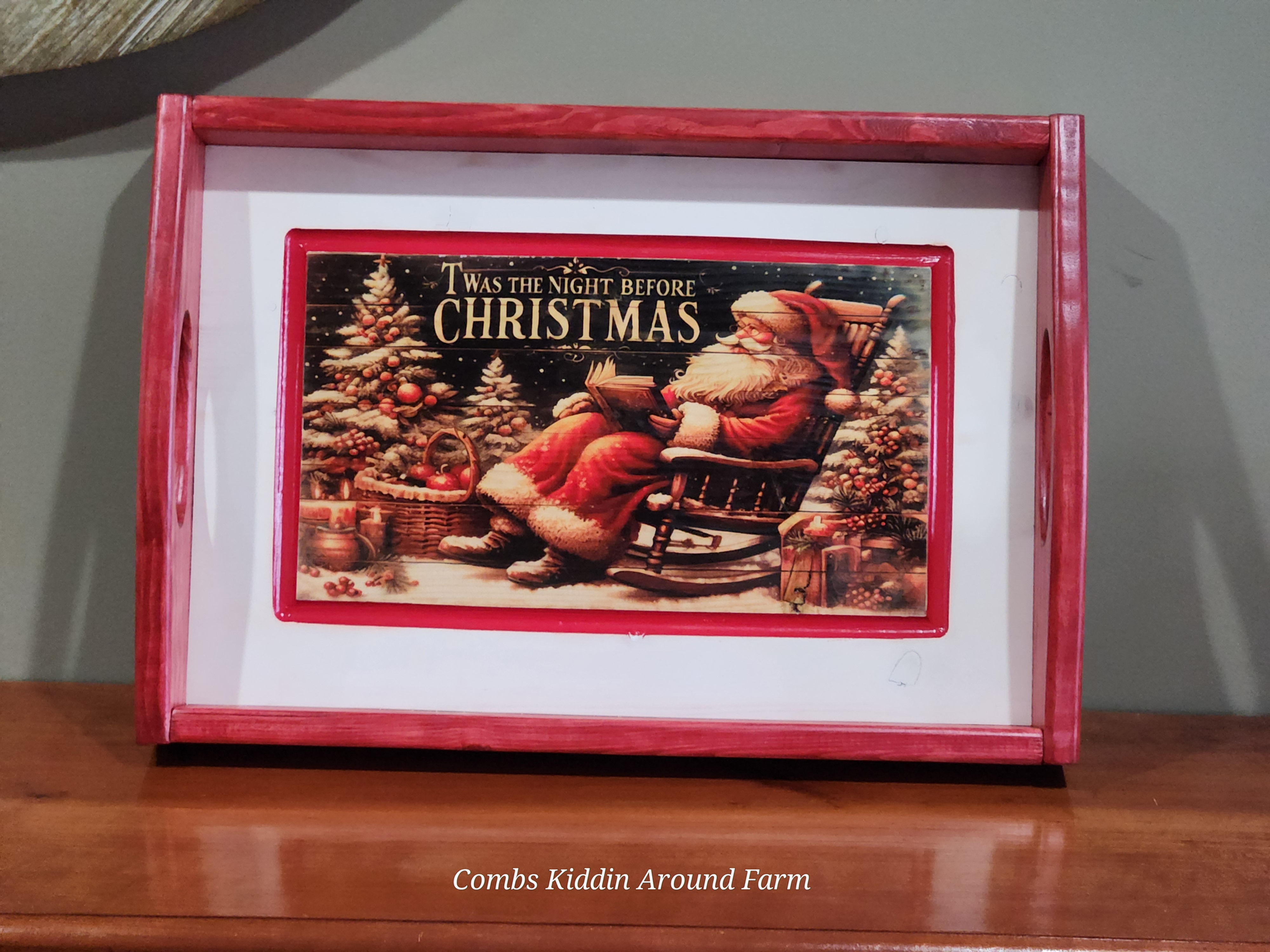 Handmade wooden serving tray with farmhouse design and stained finish - Night before Christmas