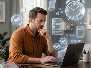 Man working on laptop. Seeing all that takes up day to day life