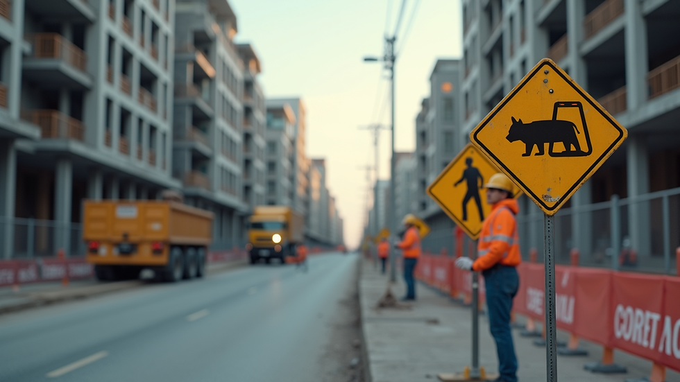 Eye-level view of construction site with safety signs and workers wearing helmets