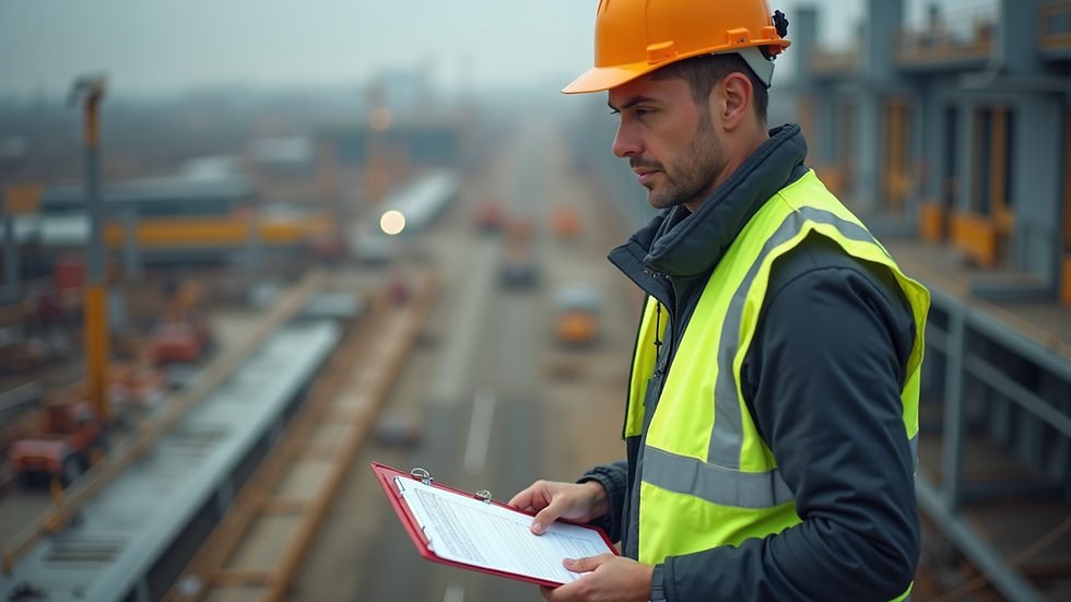 High angle view of a safety officer inspecting construction site with checklist