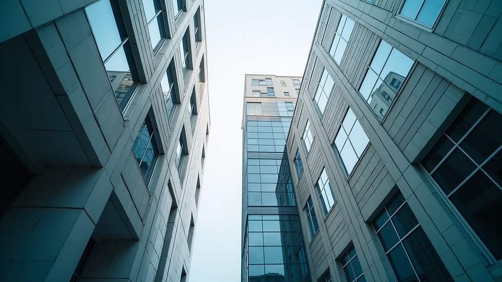 Eye-level view of a modern office building reflecting strategic growth