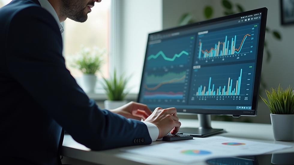 Close-up view of a business professional analyzing data on a computer