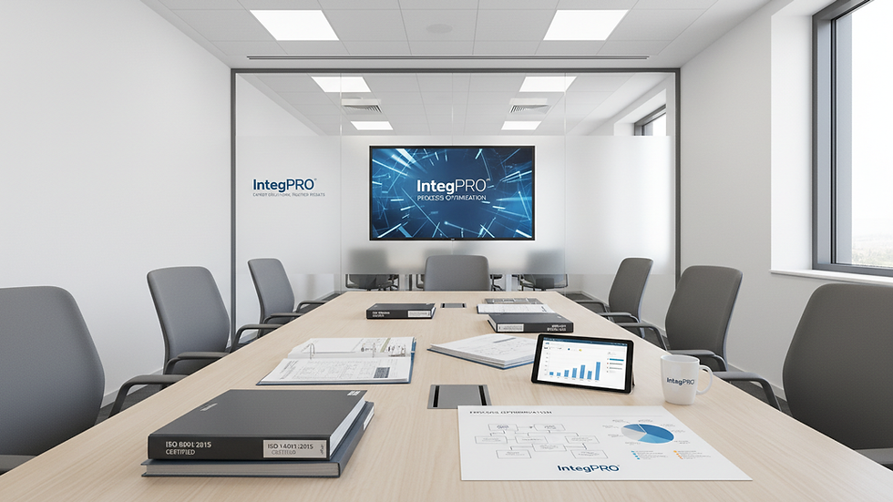 Eye-level view of a modern office meeting room with ISO certification documents on the table