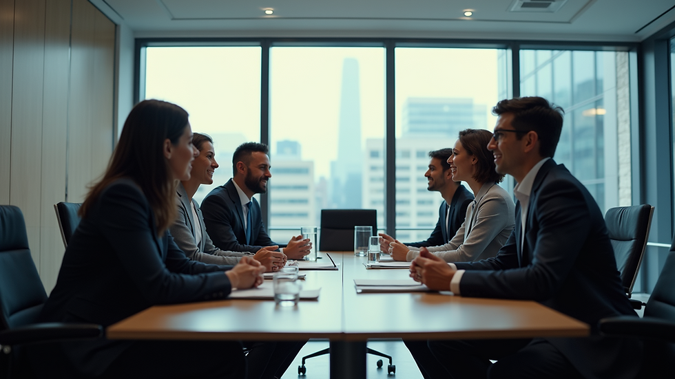 High angle view of a team in a conference room discussing risk strategies