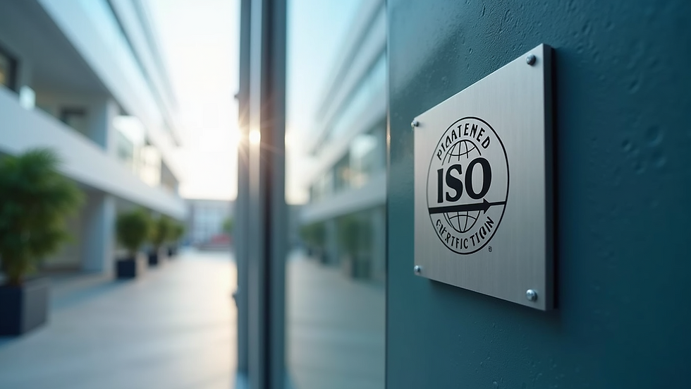 Eye-level view of a modern office building with ISO certification plaque
