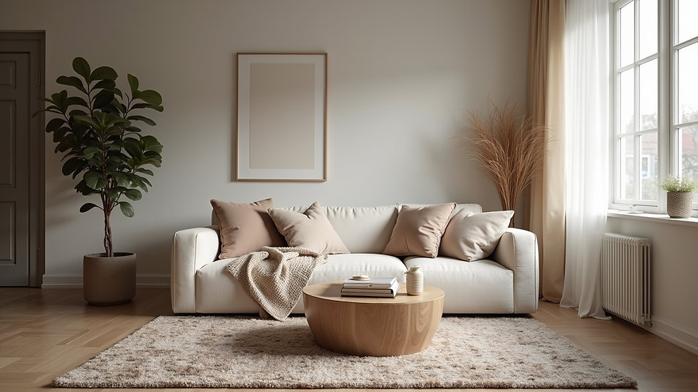 Eye-level view of a cozy living room with a modern sofa and patterned rug