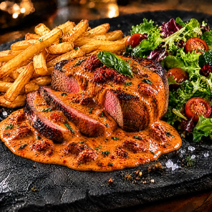 Entrecôte de bœuf Calabrese: gorgonzola, nduja, accompagné de frites et salade