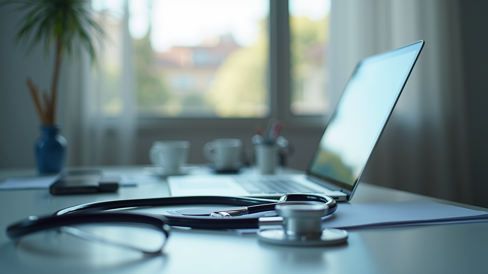 Eye-level view of a telehealth consultation setup with a laptop and medical supplies