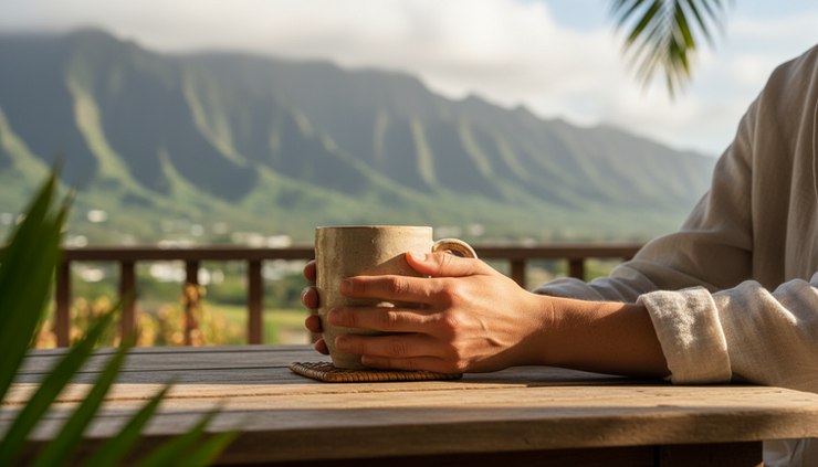 Close-up view of hands holding a warm mug on a lanai with green mountains in the distance.