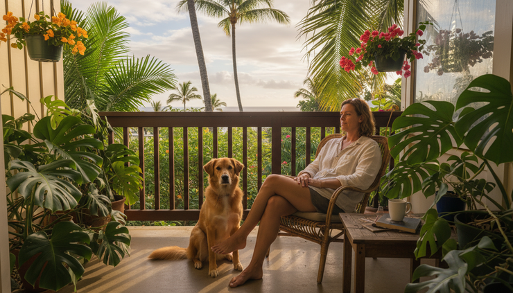 Eye-level view of a calm dog sitting beside a resident on a Hawaii apartment lanai