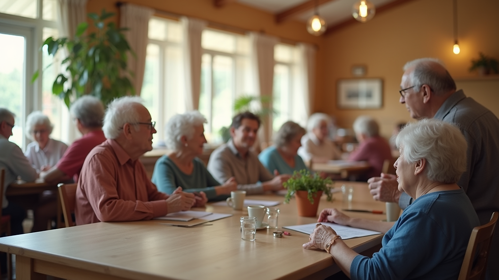 Close-up view of a cozy community center where seniors engage in social activities