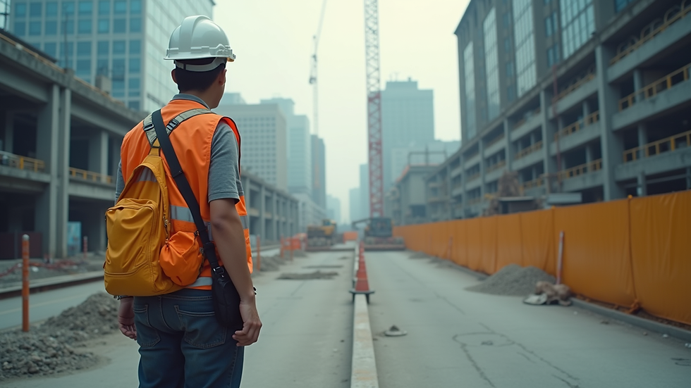 Eye-level view of a construction site with safety equipment