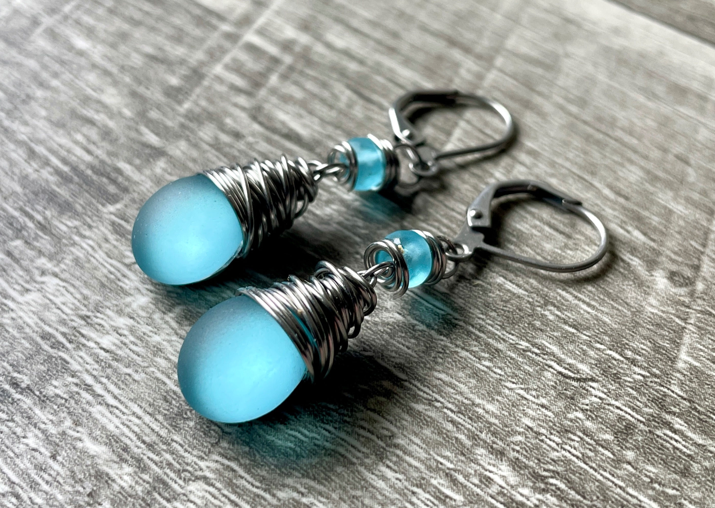 Frosted Drop Wire Wrapped Earring Stainless Steel